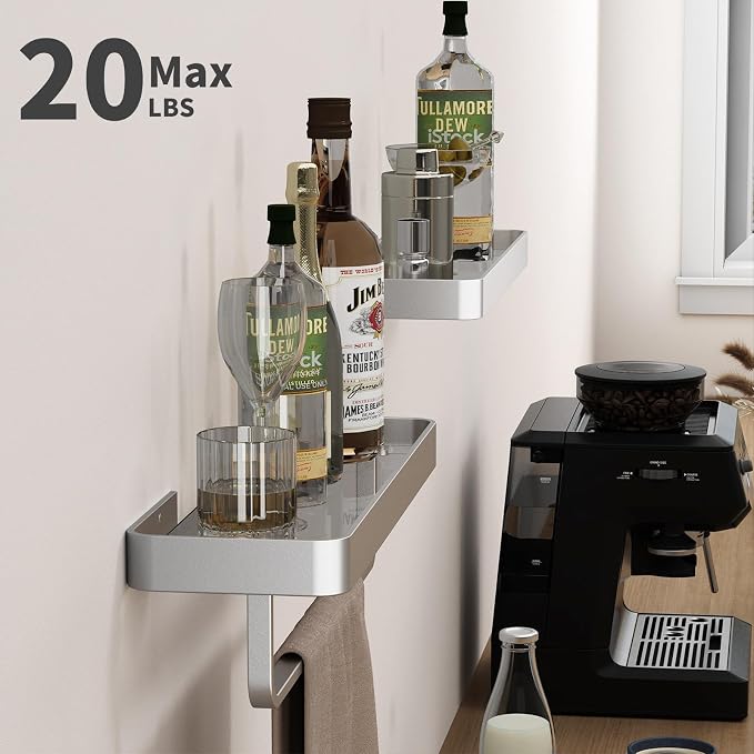 16-Inch Silver Floating Bathroom Shelves with Towel Bar, Clear Tempered Glass Wall Shelf 2-Pack – Versatile Bathroom Organizer Set
