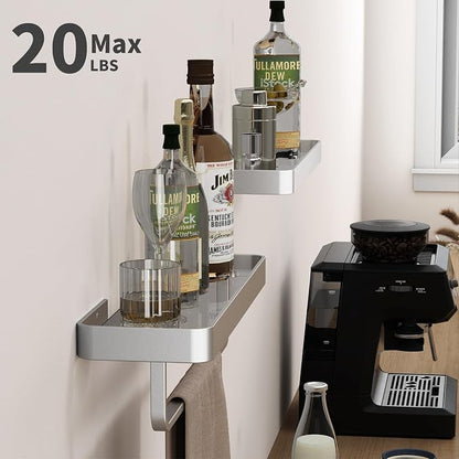 16-Inch Silver Floating Bathroom Shelves with Towel Bar, Clear Tempered Glass Wall Shelf 2-Pack – Versatile Bathroom Organizer Set