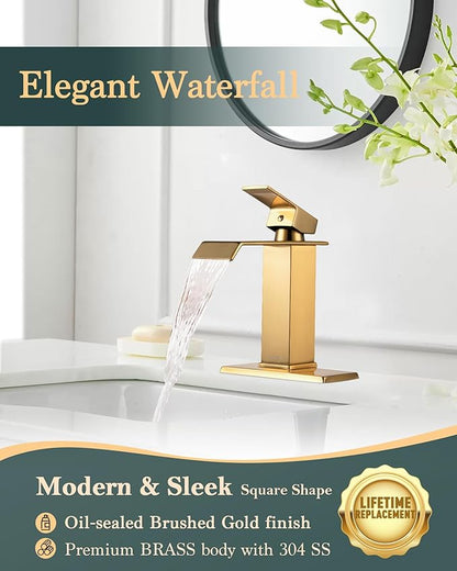 Gold Waterfall Bathroom Sink Faucet, Brushed Gold Finish, Single Handle, 1 or 3 Hole Installation, Metal Pop Up Drain, 23.6-inch Hoses, 3/8 Inch Compression Threads