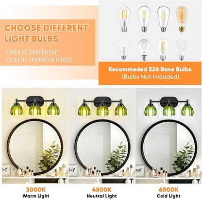 Bathroom Vanity Light, 3-Light Vanity Lighting Fixtures with Green Tulip Glass Shade, Modern Bathroom Wall Mount Lamp, Black Vanity Lights Over Mirror for Living Room, Hallway, Cabinet, Porch
