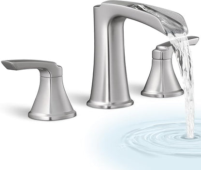 3 Hole Roman Tub Faucet Waterfall Brass Brushed Nickel Bathtub Faucet Set, High Flow 6-16 Inch Deck Mount Faucet for Bathtub, 2 Handle Bath Tub Faucets with Supply Water Hoses for Classic