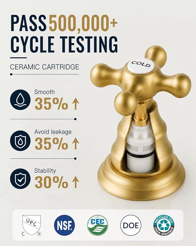 gotonovo Bathroom Faucet 3 Hole Vintage, Brushed Gold, Hot Cold Label | Widespread Bathroom Sink Faucet 8 Inch 2 Cross Handles,Pop Up Drain,cUPC Supply Line,4-15.7” Install,for Vanity Farmhouse RV