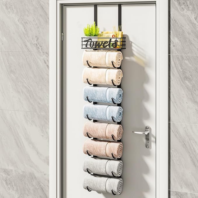 HapiRm Towel Racks for Bathroom Storage - 9 Tier Over The Door & Wall Mount Rolled Towel Storage Organizer Holder with Metal Shelf Basket for Small Bathroom, Camper, Rv - Black, Patented