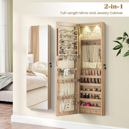 COSTWAY Wall Door Mounted Jewelry Armoire with 47.5" Full Length Mirror & 2 LED Lights, Large Storage Capacity, Lockable Mirror Jewelry Cabinet for Women Girls (Light Oak)