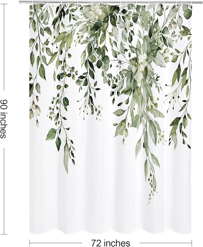 Olive Green Eucalyptus Shower Curtain, Floral Print, 72x90 | Watercolor Plant Leaves Floral Print, Extra Long Waterproof Fabric Bathroom Decor, Machine Washable, Rustproof Grommets