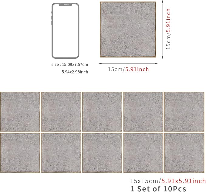 Alwayspon Stone Effect Vinyl Sticker Peel and Stick, Self-Adhesive Wall Tile Transfers Backsplash Sticker Decal for Kitchen Bathroom, 6x6inch/15x15cm 10Pcs, T028