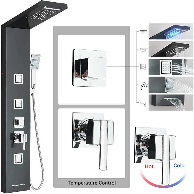 AlenArt Stainless Steel LED Shower Panel Tower System, Bathroom 5-Function Shower Panel Tower with LED Rainfall Waterfall Shower Head, Massage Jets, Tub Spout, Handheld Shower, Black-8126
