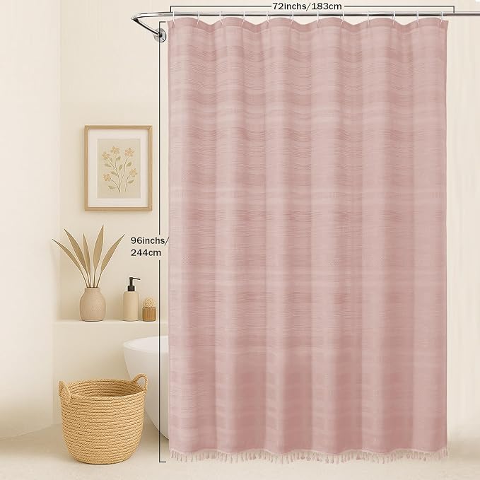 Extra Long Pink Shower Curtain 96 Inch Long, Boho Linen Textured Soft Fabric Heavy Duty Cloth Bathroom Shower Curtain with Tassel, Tall Farmhouse Luxury Bath Decor, 72Wx96L Inches