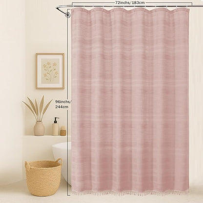 Extra Long Pink Shower Curtain 96 Inch Long, Boho Linen Textured Soft Fabric Heavy Duty Cloth Bathroom Shower Curtain with Tassel, Tall Farmhouse Luxury Bath Decor, 72Wx96L Inches