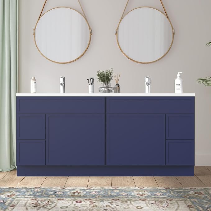 HomeBeyond 72 Inches Bathroom Vanity Base Cabinet Without Sink, Double Sink Top with Door & Soft Closing Drawers, Sturdy Floor Mounted Cabinet 2-Door 4-Drawer, Blue