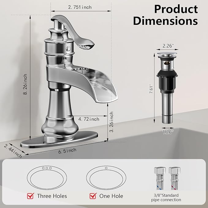 Bathroom Faucet Waterfall Chrome Single Handle Single Hole | Pop Up Drain,Easy to Clean,Stable Installation,Suitable for bathrooms, balconies and laundry room,Elegant Minimalist Style