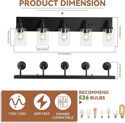 LOUSACE 5 Light Bathroom Vanity Light, Matte Black Bathroom Light Fixtures Over Mirror, Modern Bathroom Lighting with Clear Glass Shade, Black Farmhouse Wall Sconces Lighting Fixture for Bedroom