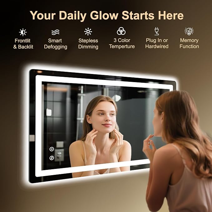 LED Bathroom Mirror, 40"x24" Bathroom Vanity Mirror with Lights | Smart Anti-Fog, Dimmable, 3 Color Modes, Backlit+Front Lit, Memory Function, HD Tempered Glass,Horizontal/Vertical,ETL Listed
