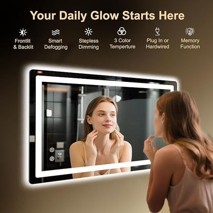 LED Bathroom Mirror, 40"x24" Bathroom Vanity Mirror with Lights | Smart Anti-Fog, Dimmable, 3 Color Modes, Backlit+Front Lit, Memory Function, HD Tempered Glass,Horizontal/Vertical,ETL Listed
