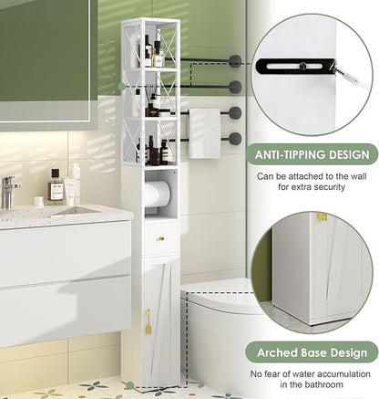 VECELO Tall Narrow Storage Cabinet with X-Frame Metal Design, Slim Freestanding Bathroom Cabinet with Toilet Paper Holder, Magnetic Door & Drawer, for Small Spaces, 7.9" D x 7.9" W x 67" H, White