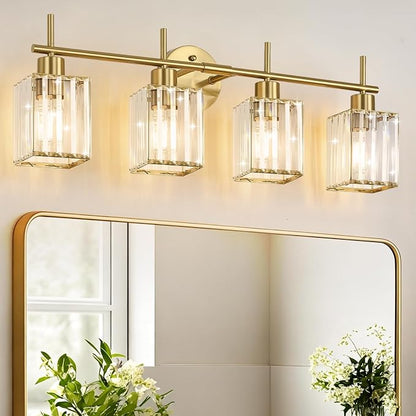 Brushed Gold Bathroom Light Fixtures, Square, 4-Light | Vanity Lights with Crystal Shades, Modern Bathroom Lighting Fixtures over Mirror (Bulbs Not Included, E26)