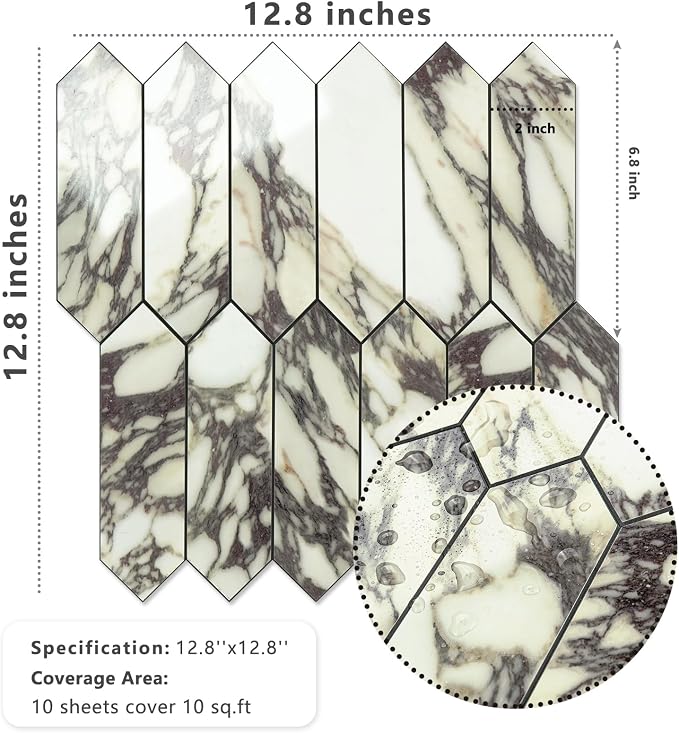 Vamos Tile Glossy Marble Purple Backsplash Tile Peel and Stick, 12.8 x 12.8 Inch 10 Sheets Long Hexagon PVC Self Adhesive Mosaic Wall Tiles Stick on Backsplash for Kitchen and Bathroom