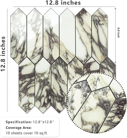 Vamos Tile Glossy Marble Purple Backsplash Tile Peel and Stick, 12.8 x 12.8 Inch 10 Sheets Long Hexagon PVC Self Adhesive Mosaic Wall Tiles Stick on Backsplash for Kitchen and Bathroom