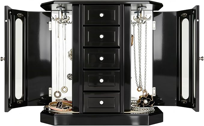 RR ROUND RICH DESIGN Vintage Jewelry Armoire with Mirror Black | Solid Wood Jewelry Box Organizer with 5 Drawers & 2 Glass Doors - Large Capacity Desktop Dresser Case
