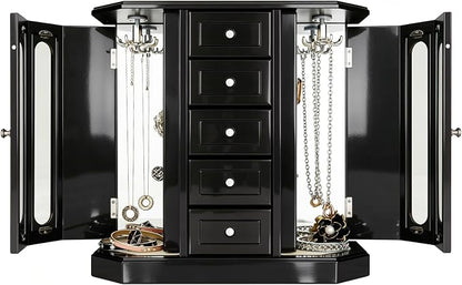 RR ROUND RICH DESIGN Vintage Jewelry Armoire with Mirror Black | Solid Wood Jewelry Box Organizer with 5 Drawers & 2 Glass Doors - Large Capacity Desktop Dresser Case