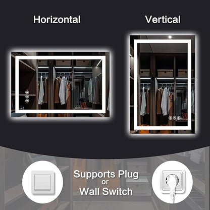 30"x 36" LED Bathroom Mirror with Lights, Backlit & Front Lit, Stepless Dimmable, Anti-Fog, 3 Colors Led Mirror, Wall-Mounted Vanity Mirror, Memory Function, Tempered Glass, Shatter-Proof