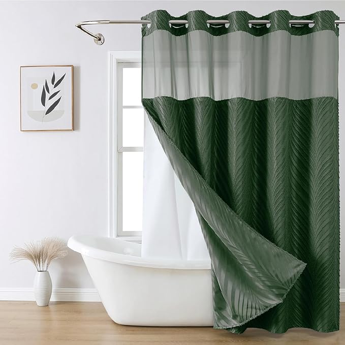 No Hook Shower Curtain and Liner Set,No Hook Tufted Striped Textured Shower Curtain with Snap in Liner Replacement and Waterproof Fabric,Boho Style with See Through Top Window,DarkGreen,71Wx86H