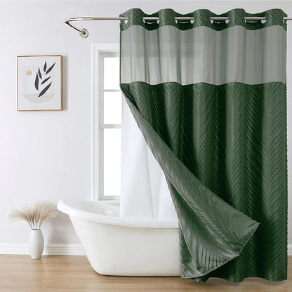 No Hook Shower Curtain and Liner Set,No Hook Tufted Striped Textured Shower Curtain with Snap in Liner Replacement and Waterproof Fabric,Boho Style with See Through Top Window,DarkGreen,71Wx86H