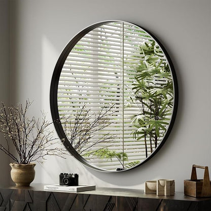 VooBang 24 inch Round Bathroom Mirror, Balck Modern Circle Wall Mounted Mirror with Gorgeous Circular Deep Frame for Bathroom, Living Room, Bedroom, Hanging or Leaning