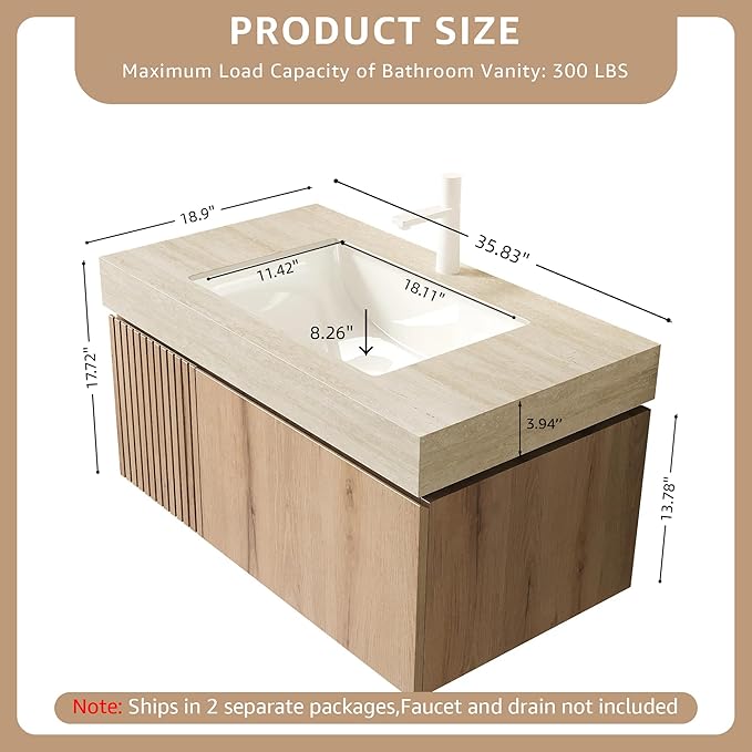 36” Floating Bathroom Vanity with Sink, Wall-Mounted Cabinet with Drawer & Doors, Roma Travertine-Pattern Countertop, Undermount Basin, Single Faucet Hole, Soft-Close, Pre-Assembled, Light Oak