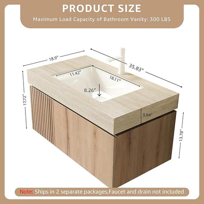 36” Floating Bathroom Vanity with Sink, Wall-Mounted Cabinet with Drawer & Doors, Roma Travertine-Pattern Countertop, Undermount Basin, Single Faucet Hole, Soft-Close, Pre-Assembled, Light Oak