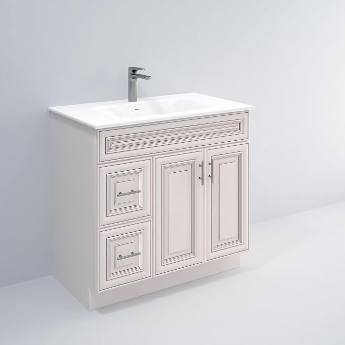 36” Antique White Bathroom Vanity Base – Ready-to-Assemble Sink Cabinet with Drawers, Raised Panel Storage, Base Only, No Top or Sink