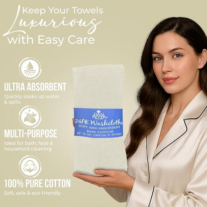 DAN RIVER 24 Pack Cotton Wash Cloths Set for Showering [12x12] Ivory | Lighter Weight, Quick to Dry, Super Soft & Absorbent Face Towels, Hotel Quality, Perfect for Bathroom, Gym, Spa