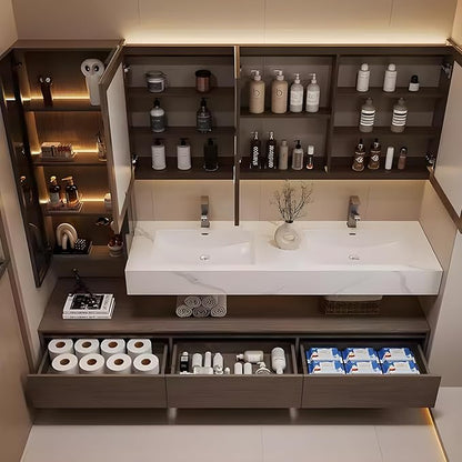 Bathroom Vanity, Floating Bathroom Sink Vanity, Modern Bathroom Vanities with Smart Defogging LED Mirror & Glass Side Cabinet, Wall Mounted Vanities for Restroom, Solid Wood (80in)