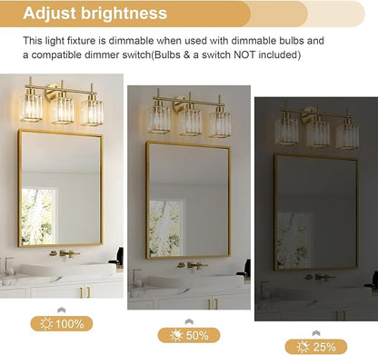 Brushed Gold Bathroom Light Fixtures, Square, 3-Light | Vanity Lights with Crystal Shades, Modern Bathroom Lighting Fixtures over Mirror (Bulbs Not Included, E26)