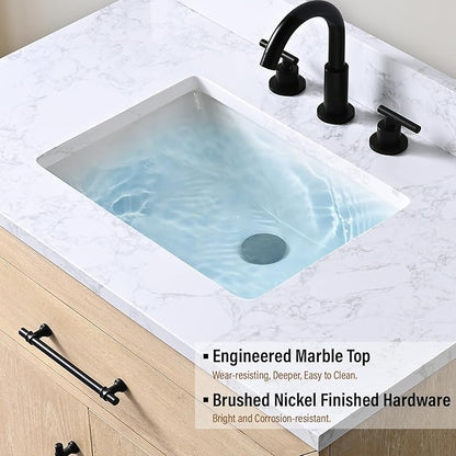 Vanity Art 36 inch Bathroom Vanity with Sink, Vanity Cabinet with Doors and Removable Shelf, Modern Wood Cabinet with White Marble Top, Solid Wood Frame, Ceramic Sink VA70-36-LW-E