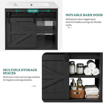 DWVO 24" LED Bathroom Vanity with Sink, Farmhouse Sliding Barn Door Bathroom Cabinet, Bathroom Vanities, Wall Mounted Floating Cabinet for Small Spaces