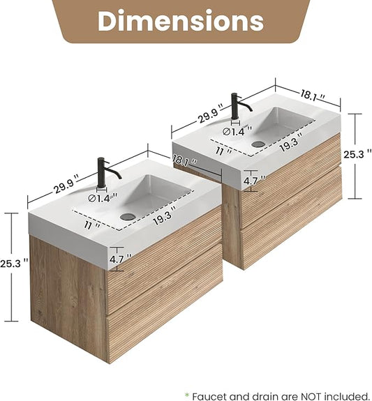 60" Floating Bathroom Vanity with Sink Combo, Modern Floating Double Sink Bathroom Vanity with Engineered Stone Tops & 4 Soft-Closing Drawers, Large Storage for Powder Room, Apartment, Rough Oak