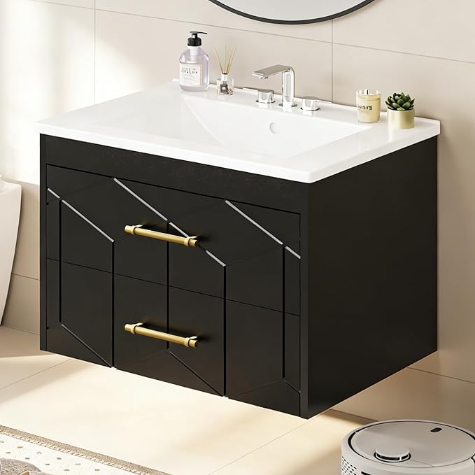 IDEALHOUSE Floating Bathroom Vanity with Sink 24 inch, Modern Bathroom Sink Cabinet, Ceramic Vanity Top, 2 Large Storage Drawers with Gold Metal Handle, Easy to Assembly, Black