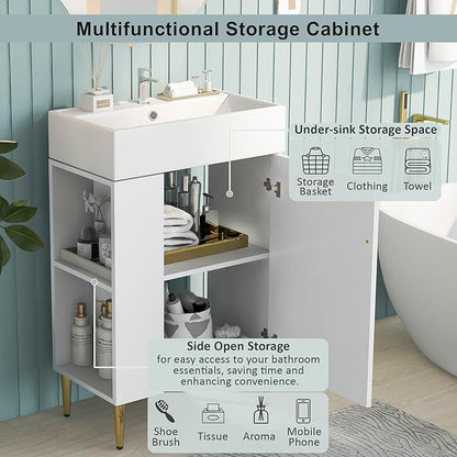 Merax 21.6" Single Sink Bathroom Vanity, Freestanding Bathroom Vanity with Open Shlef, Wood Bathroom Cabinet with Ceramic Basin Sink Top, White
