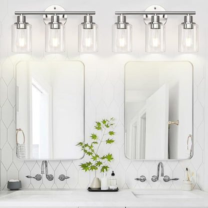 3-Light Bathroom Light Fixtures, Brushed Nickel Vanity Light, Farmhouse Wall Lights with Clear Glass Shade, Bathroom Wall Lamp for Mirror Kitchen Bedroom Hallway Living Room Hallway Cabinet