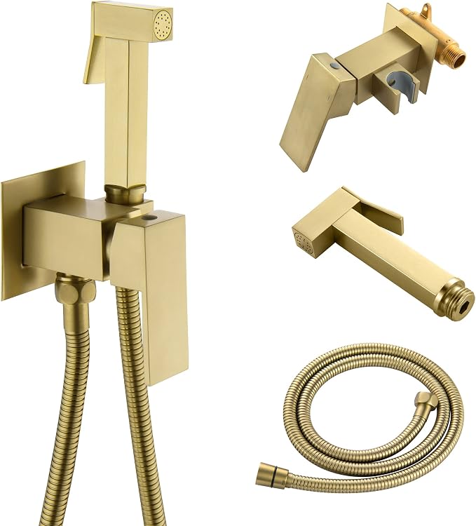 Warm Water Bidet Sprayer for Toilet with Hot and Cold Brass Rough-in Valve, Stainless Steel Handheld Bidet Attachment Set for Feminine, Pets and Baby Diaper Wash, Brushed Gold, BDS08-3
