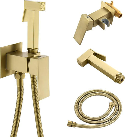Warm Water Bidet Sprayer for Toilet with Hot and Cold Brass Rough-in Valve, Stainless Steel Handheld Bidet Attachment Set for Feminine, Pets and Baby Diaper Wash, Brushed Gold, BDS08-3