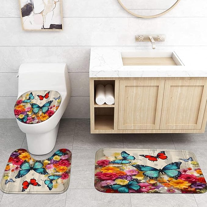 Chrainy 4pcs Flower Butterflies Shower Cutain Set Bathroom Decor with Rugs | Floral Bath Accessories with Waterproof Curtain, Bath Mat, Toilet Lid Cover, U-Shaped Rug and 12 Hooks for Washroom, 71*71in