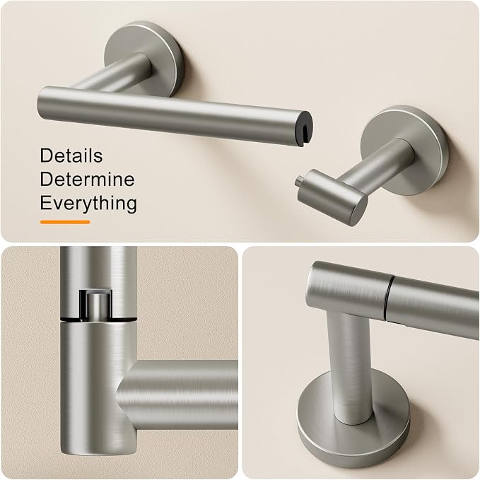 Pokim Brushed Nickel Bathroom Hardware Set - SUS304 Stainless Steel Toilet Paper Holder,Towel Ring and 2 Robe Hooks,Rustproof,Wall Mounted 4 Piece Bathroom Accessories,Easy Installation for Bathroom