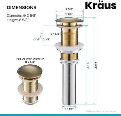 KRAUS Pop-Up Drain, Fits Sinks with 1.75 in. Drain Opening, Brushed Gold,PU-10BG
