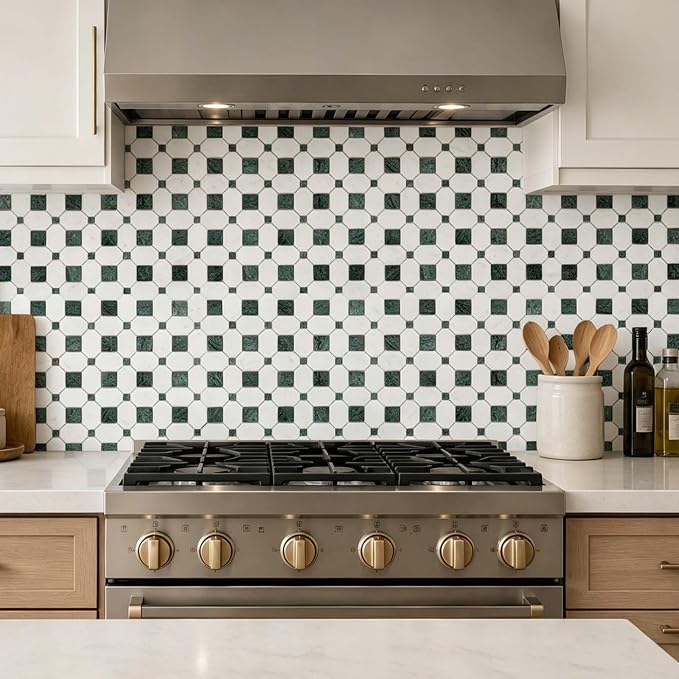 2 Inch Long Octagon Marble Mosaic Tile for Wall Floor, 5 Sheets | Water & Heat Resistant Polished Marble Backsplash Tiles for Kitchen Bathroom Fireplace Durable, Thassos+Medium Green, 5SQFT