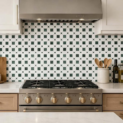 2 Inch Long Octagon Marble Mosaic Tile for Wall Floor, 5 Sheets | Water & Heat Resistant Polished Marble Backsplash Tiles for Kitchen Bathroom Fireplace Durable, Thassos+Medium Green, 5SQFT