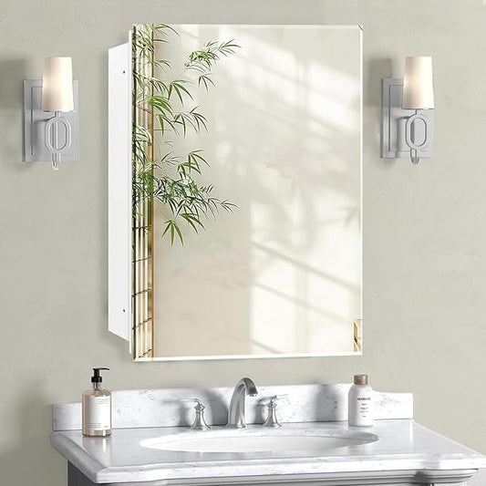 Medicine Cabinet with Beveled Mirror, 28x28 inch Square Mirror Cabinet, Recessed or Wall Mount, Bathroom Cabinet with Removable Shelves, Storage Suitable for Bathroom Bedroom