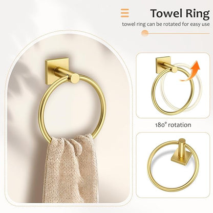5 Pieces Brushed Gold Bathroom Hardware Set Towel Bar Set Stainless Steel Wall-Mounted Bathroom Accessories Set 23.6 Inch Towel Racks for Bathroom