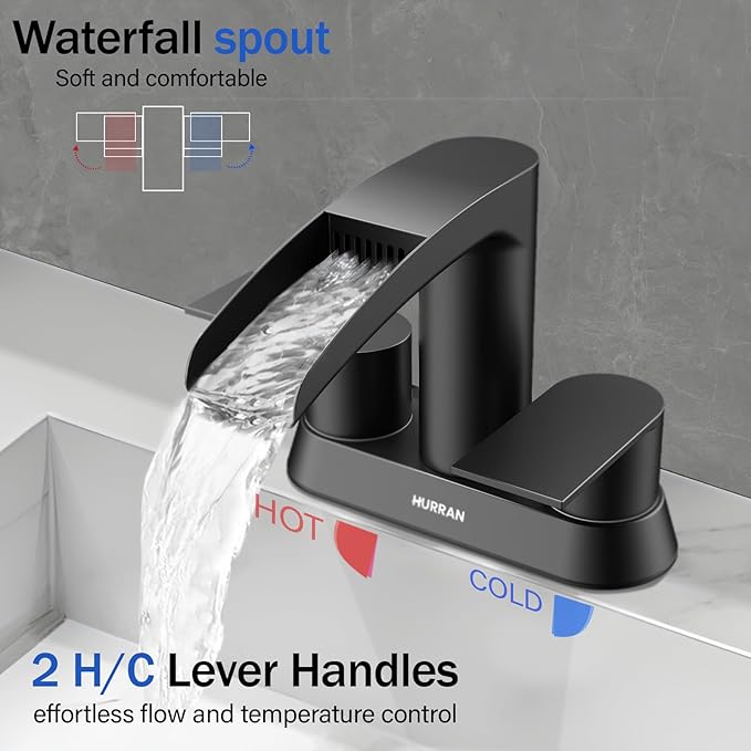 Bathroom Sink Faucet for 3 Hole, Hurran 4 Inch Bathroom Faucets with Pop-up Drain, Stainless Steel 2-Handle Waterfall Faucet for Bathroom Sink, Matte Black
